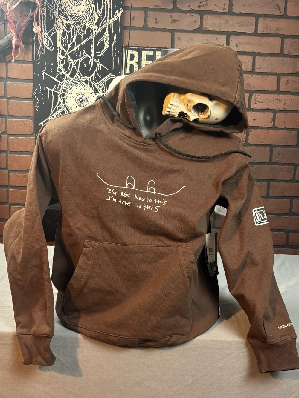 Before operation sale: Volcom Brown Graphic Pullover Hoodie with Front Pocket
